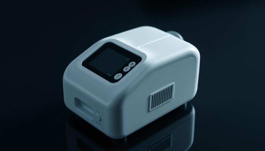 A high-quality, close-up photograph of an iCareCPAP sleep apnea breathing machine. The device has a sleek, modern design with a smooth, white casing and digital display. The front panel features several control buttons and a hose connection port. The machine sits on a dark, reflective surface, creating a subtle shadow underneath. Soft, directional lighting illuminates the device, highlighting its clean lines and attention to detail. The overall mood is clinical yet minimalistic, conveying the advanced medical technology behind the iCareCPAP system.