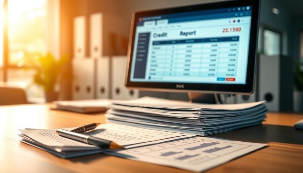 A neatly organized desk with a stack of financial documents, a pen, and a desktop computer monitor displaying a credit report interface. The scene is illuminated by warm, soft lighting, creating a professional and focused atmosphere. The credit report interface highlights the "聯徵次數" section, emphasizing the importance of this detail. The composition is balanced, with the desk and monitor occupying the foreground, and a blurred background suggesting a modern office environment. The overall mood conveys a sense of diligence and attention to detail in financial record-keeping.