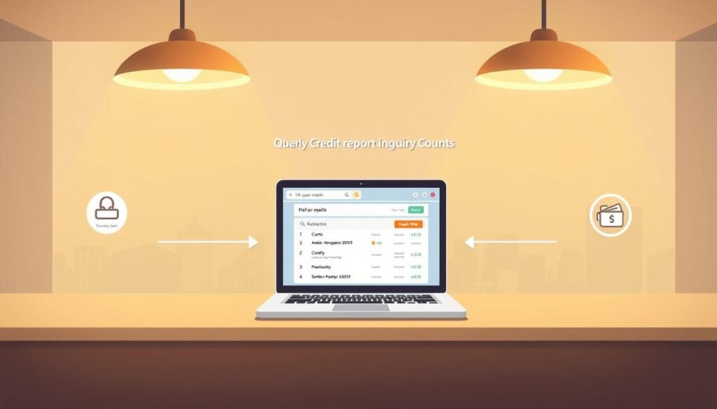 A sleek, modern illustration showcasing the step-by-step process of querying credit report inquiry counts. In the foreground, a user-friendly interface with clean icons and minimalist design guides the viewer through the flow. The middle ground depicts a laptop screen displaying the inquiry search results, conveyed through stylized data visualizations. In the background, a subtle cityscape or financial district setting establishes the professional, institutional context. Warm lighting from overhead sources casts a soft glow, creating a sense of clarity and approachability. The overall tone is informative yet visually engaging, designed to clearly communicate the key steps in the credit report inquiry lookup process.