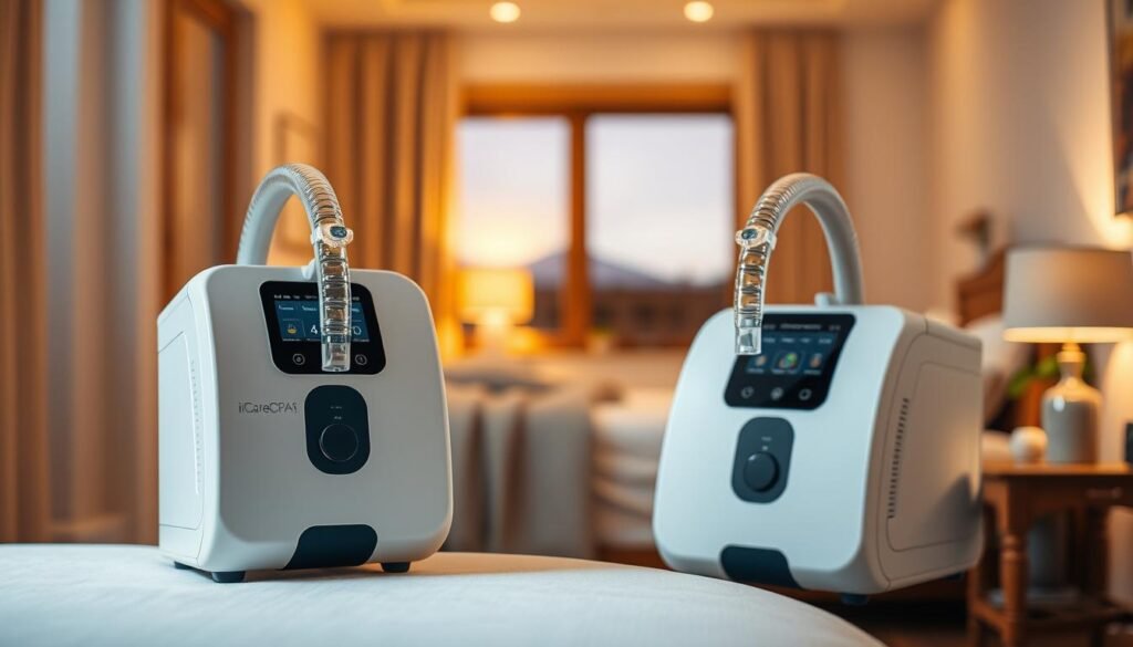 A well-designed, modern iCareCPAP sleep apnea machine against a soft, calming background. The machine is positioned prominently in the foreground, its sleek white casing and intuitive controls conveying a sense of advanced medical technology. In the middle ground, a cozy bedroom scene with a bed, bedside table, and tasteful decor, suggesting the comfortable, at-home use of the device. The background features muted tones, perhaps a window with a view of a peaceful, natural landscape, creating an atmosphere of rest and relaxation. Warm, indirect lighting casts a gentle glow, emphasizing the machine's sophisticated design and the tranquil setting. The overall impression is one of a reliable, user-friendly medical device seamlessly integrated into a soothing, therapeutic home environment.