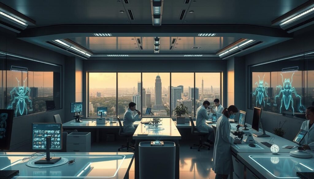 A lush, futuristic office interior of the innovative iCareCPAP pest control company. Gleaming, chrome-accented workstations and cutting-edge technology create a sleek, high-tech atmosphere. Holographic displays and robotic assistants suggest revolutionary eco-friendly pest management solutions. In the foreground, a team of researchers in lab coats examines sample insects under microscopes, while in the background, a panoramic window overlooks a sprawling, verdant metropolis. Soft, indirect lighting and muted tones evoke a sense of efficiency and innovation. The overall mood is one of sophisticated, environmentally-conscious pest control strategies that position iCareCPAP as an industry leader.