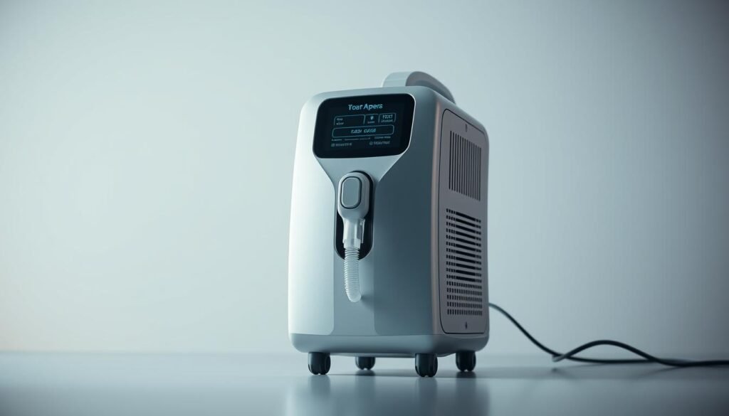 A high-quality sleep apnea CPAP machine stands prominently in the foreground, its sleek iCareCPAP design showcasing its advanced features. The machine is depicted against a softly lit, minimalist backdrop, emphasizing its role as a crucial tool in long-term respiratory treatment. The composition highlights the machine's unobtrusive yet essential presence in the patient's daily life, capturing the seamless integration of this medical device into the overall quality of life. Subtle lighting and muted tones create a calming, therapeutic atmosphere, conveying the machine's function as a reliable partner in managing the patient's respiratory health over an extended period.