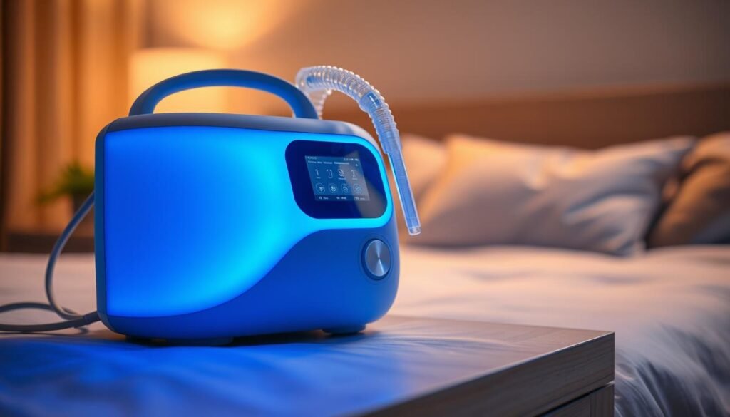 A high-quality sleep apnea machine, the iCareCPAP, rests on a bedside table. The machine's sleek, modern design features smooth, rounded edges and a minimalist control panel. Soft blue backlighting emanates from the device, creating a calming, therapeutic atmosphere. The machine is positioned in the foreground, with a blurred bedroom scene in the background, suggesting its integration into a comfortable, relaxing home environment. The lighting is warm and diffused, creating a serene, restful mood. The image conveys the machine's advanced functionality and effectiveness in treating sleep apnea, while also highlighting its seamless integration into everyday life.