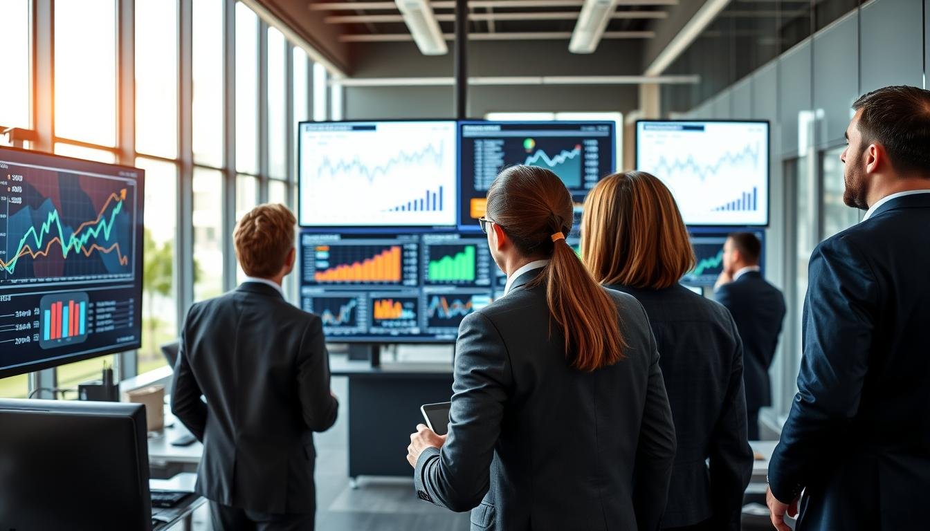 A modern office environment showcasing a team of professionals engaged in monitoring and analyzing advertising performance metrics for "line lap" and "lap advertising." In the foreground, a diverse group of three individuals, dressed in business attire, are focused on data visualizations displayed on multiple large screens. The middle area features graphs, charts, and dashboards highlighting key performance indicators, presented in sharp colors for clarity. The background reveals a sleek, contemporary office with large windows allowing natural light to flood in, creating a bright and optimistic atmosphere. The scene should have a slight depth of field effect, emphasizing the individuals while keeping the digital displays in focus, conveying a sense of professionalism, collaboration, and analytical rigor.