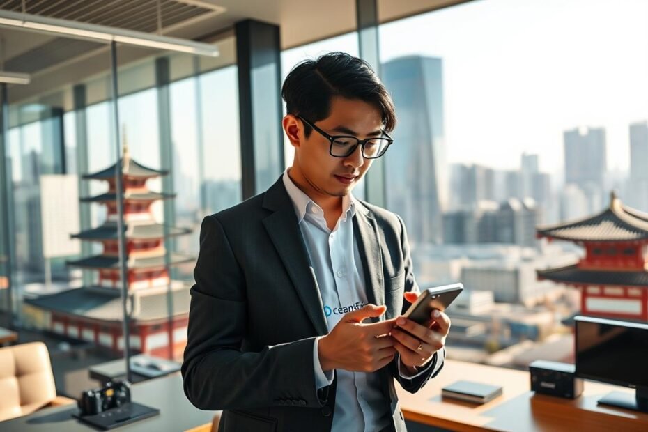 A business professional in smart casual attire, confidently using a smartphone to access OceanEsim, set against a sleek modern office backdrop in a bustling South Korean city. In the foreground, the professional is focused on their device, with the screen subtly showing the OceanEsim logo glowing softly. The middle layer showcases a stylish office environment with high-tech gadgets and a view of the cityscape through large windows. The background features iconic elements of South Korean architecture and urban life, such as traditional temples juxtaposed with modern skyscrapers. The lighting is bright and inviting, simulating a warm afternoon glow, with soft shadows enhancing the professional atmosphere. The overall mood conveys productivity, innovation, and connectivity, perfect for illustrating the importance of reliable eSIM solutions for business travelers.
