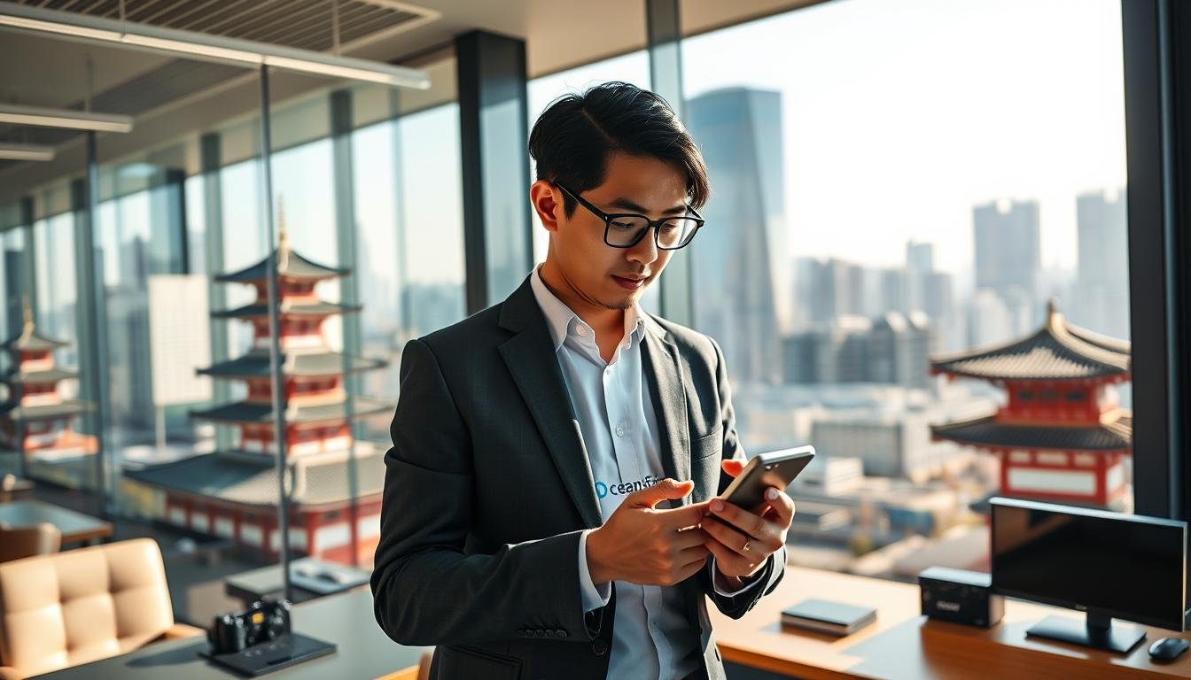 A business professional in smart casual attire, confidently using a smartphone to access OceanEsim, set against a sleek modern office backdrop in a bustling South Korean city. In the foreground, the professional is focused on their device, with the screen subtly showing the OceanEsim logo glowing softly. The middle layer showcases a stylish office environment with high-tech gadgets and a view of the cityscape through large windows. The background features iconic elements of South Korean architecture and urban life, such as traditional temples juxtaposed with modern skyscrapers. The lighting is bright and inviting, simulating a warm afternoon glow, with soft shadows enhancing the professional atmosphere. The overall mood conveys productivity, innovation, and connectivity, perfect for illustrating the importance of reliable eSIM solutions for business travelers.