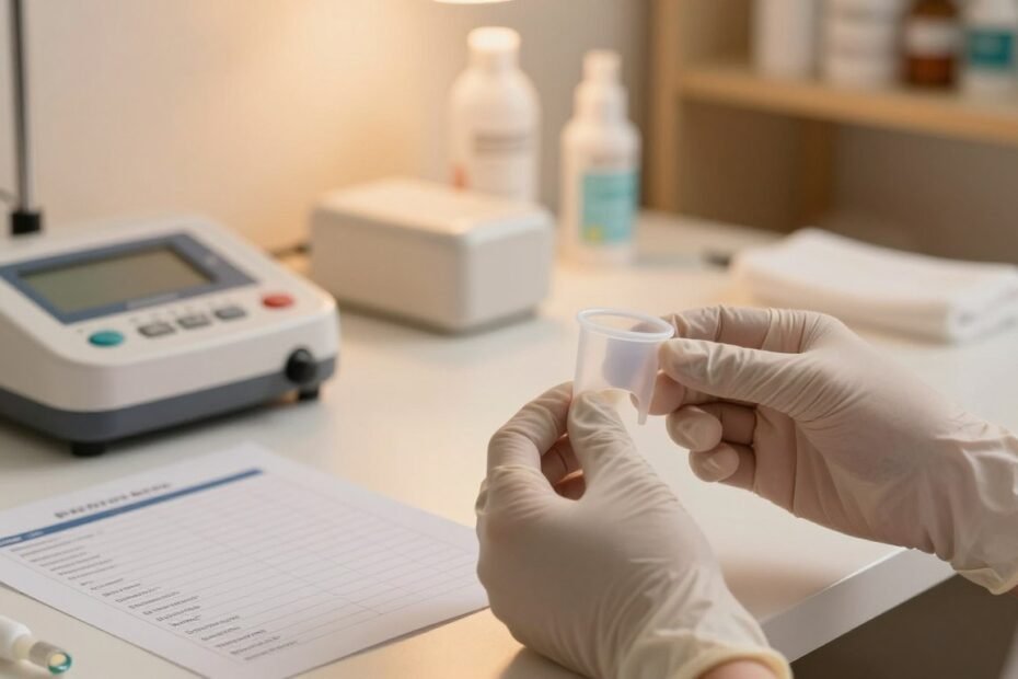 A clean and professional workspace featuring a close-up inspection of a safety-check process for oral stimulation cups. The foreground shows a pair of gloved hands carefully examining the product, ensuring its material safety and quality. The middle ground includes testing equipment and safety checklists laid out neatly on a polished table. In the background, soft warm lighting creates a cozy and inviting atmosphere, with shelves displaying additional safety products. The scene conveys a sense of professionalism and care, emphasizing the importance of safety in personal items. The overall mood is serene and focused, captured in a cinematic style with a 4:3 aspect ratio.
