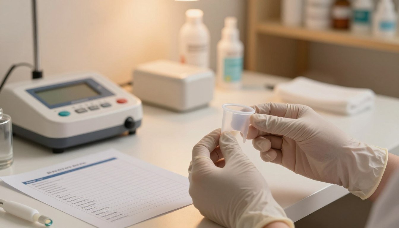 A clean and professional workspace featuring a close-up inspection of a safety-check process for oral stimulation cups. The foreground shows a pair of gloved hands carefully examining the product, ensuring its material safety and quality. The middle ground includes testing equipment and safety checklists laid out neatly on a polished table. In the background, soft warm lighting creates a cozy and inviting atmosphere, with shelves displaying additional safety products. The scene conveys a sense of professionalism and care, emphasizing the importance of safety in personal items. The overall mood is serene and focused, captured in a cinematic style with a 4:3 aspect ratio.