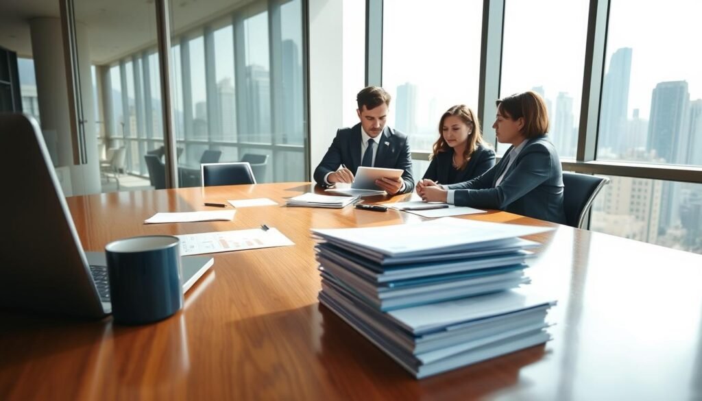 A detailed cost analysis scene of a commercial office lease in Sheung Wan, Hong Kong. In the foreground, visualize a polished wooden conference table with a modern laptop, a stack of financial documents, and a coffee mug, all suggesting a productive work environment. In the middle ground, include a diverse group of three professionals in business attire, attentively discussing data on a digital tablet, with expressions of focus and collaboration. The background features a large window overlooking the Hong Kong skyline, with natural daylight streaming in, casting soft shadows across the room. The atmosphere is dynamic yet professional, reflecting a blend of innovation and tradition typical of Sheung Wan's real estate market. Aim for a bright, clear composition that emphasizes the essence of office leasing costs.