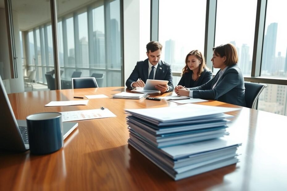 A detailed cost analysis scene of a commercial office lease in Sheung Wan, Hong Kong. In the foreground, visualize a polished wooden conference table with a modern laptop, a stack of financial documents, and a coffee mug, all suggesting a productive work environment. In the middle ground, include a diverse group of three professionals in business attire, attentively discussing data on a digital tablet, with expressions of focus and collaboration. The background features a large window overlooking the Hong Kong skyline, with natural daylight streaming in, casting soft shadows across the room. The atmosphere is dynamic yet professional, reflecting a blend of innovation and tradition typical of Sheung Wan's real estate market. Aim for a bright, clear composition that emphasizes the essence of office leasing costs.