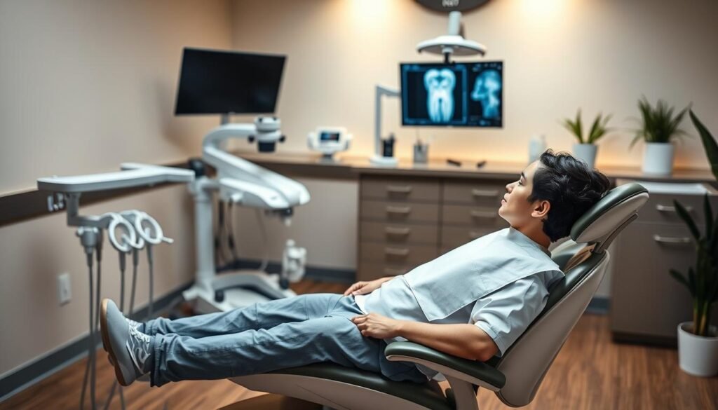 A modern dental treatment room featuring advanced endodontic equipment, specifically highlighting root canal therapy tools. In the foreground, showcase a sleek, ergonomic dental chair with a patient ready for treatment, clad in a clean, professional dental bib. The middle layer displays a well-organized workstation equipped with high-tech instruments like a microscope and digital radiography, reflecting a sterile environment. Soft, diffused lighting creates a warm and inviting atmosphere, while the background includes subtle elements like a calming wall color and decorative plants, enhancing a sense of tranquility. Capture the scene from a slight angle to emphasize the depth and sophistication of the equipment, evoking a feeling of professionalism and care.
