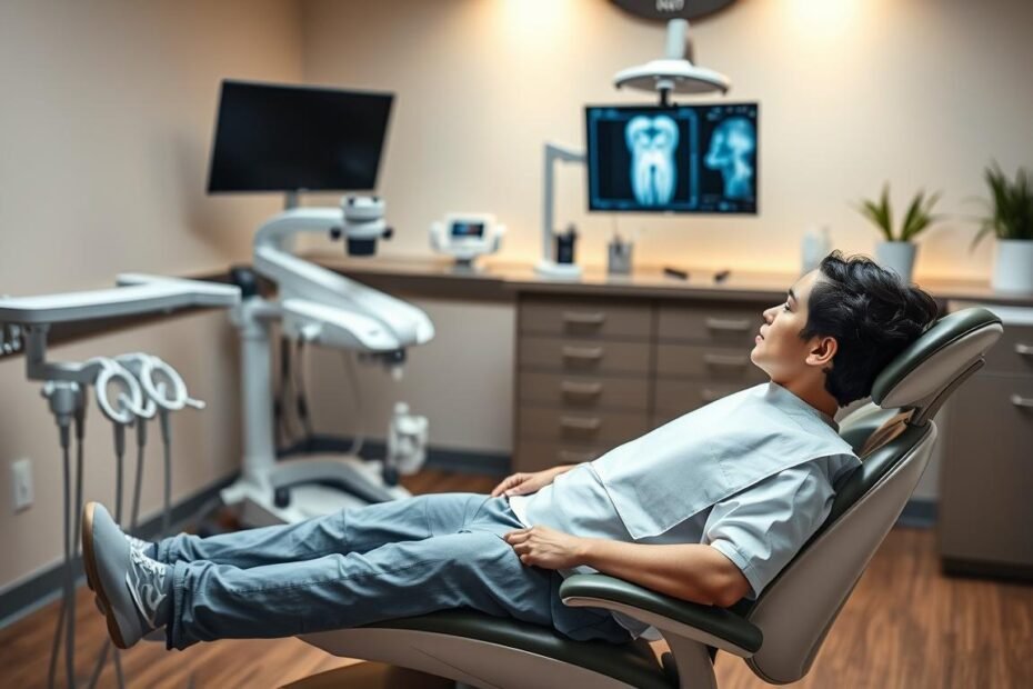 A modern dental treatment room featuring advanced endodontic equipment, specifically highlighting root canal therapy tools. In the foreground, showcase a sleek, ergonomic dental chair with a patient ready for treatment, clad in a clean, professional dental bib. The middle layer displays a well-organized workstation equipped with high-tech instruments like a microscope and digital radiography, reflecting a sterile environment. Soft, diffused lighting creates a warm and inviting atmosphere, while the background includes subtle elements like a calming wall color and decorative plants, enhancing a sense of tranquility. Capture the scene from a slight angle to emphasize the depth and sophistication of the equipment, evoking a feeling of professionalism and care.
