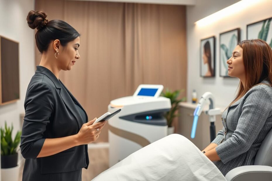 A modern, professional laser hair removal clinic interior, featuring a clean and inviting treatment room with sleek, contemporary design elements. In the foreground, a cosmetologist in modest business attire gently explains the process to a client, who looks interested and engaged. The middle ground showcases state-of-the-art laser equipment and a comfortable treatment chair, emphasizing a focus on comfort and advanced technology. In the background, soft, warm lighting creates a calming atmosphere, with greenery and soothing artwork adorning the walls to enhance relaxation. The scene conveys trust and professionalism in personal care services, ideal for illustrating the importance of informed choices in laser hair removal treatments.