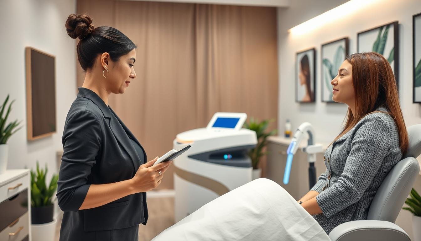 A modern, professional laser hair removal clinic interior, featuring a clean and inviting treatment room with sleek, contemporary design elements. In the foreground, a cosmetologist in modest business attire gently explains the process to a client, who looks interested and engaged. The middle ground showcases state-of-the-art laser equipment and a comfortable treatment chair, emphasizing a focus on comfort and advanced technology. In the background, soft, warm lighting creates a calming atmosphere, with greenery and soothing artwork adorning the walls to enhance relaxation. The scene conveys trust and professionalism in personal care services, ideal for illustrating the importance of informed choices in laser hair removal treatments.
