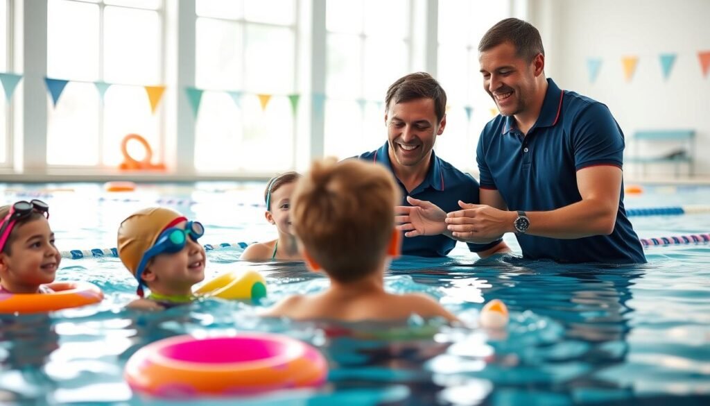 A swimming coach, dressed in a polo shirt and shorts, guides a group of cheerful children during a swimming lesson in a vibrant indoor pool. The foreground features the coach demonstrating a swimming technique with an encouraging smile, while the children, wearing modest swim caps and goggles, attentively follow his example. In the middle ground, colorful pool floats and toys are scattered, adding a playful atmosphere. The background showcases large windows allowing natural light to stream through, illuminating the water and creating a warm, inviting ambiance. The scene captures the essence of teamwork and learning, reflecting a positive environment aimed at nurturing young swimmers in a safe and supportive setting.