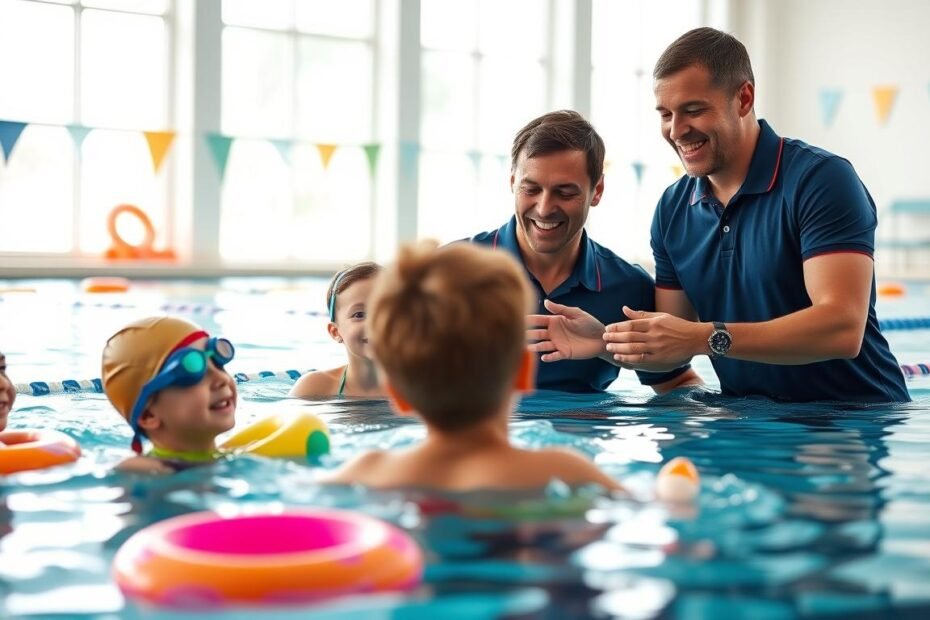 A swimming coach, dressed in a polo shirt and shorts, guides a group of cheerful children during a swimming lesson in a vibrant indoor pool. The foreground features the coach demonstrating a swimming technique with an encouraging smile, while the children, wearing modest swim caps and goggles, attentively follow his example. In the middle ground, colorful pool floats and toys are scattered, adding a playful atmosphere. The background showcases large windows allowing natural light to stream through, illuminating the water and creating a warm, inviting ambiance. The scene captures the essence of teamwork and learning, reflecting a positive environment aimed at nurturing young swimmers in a safe and supportive setting.