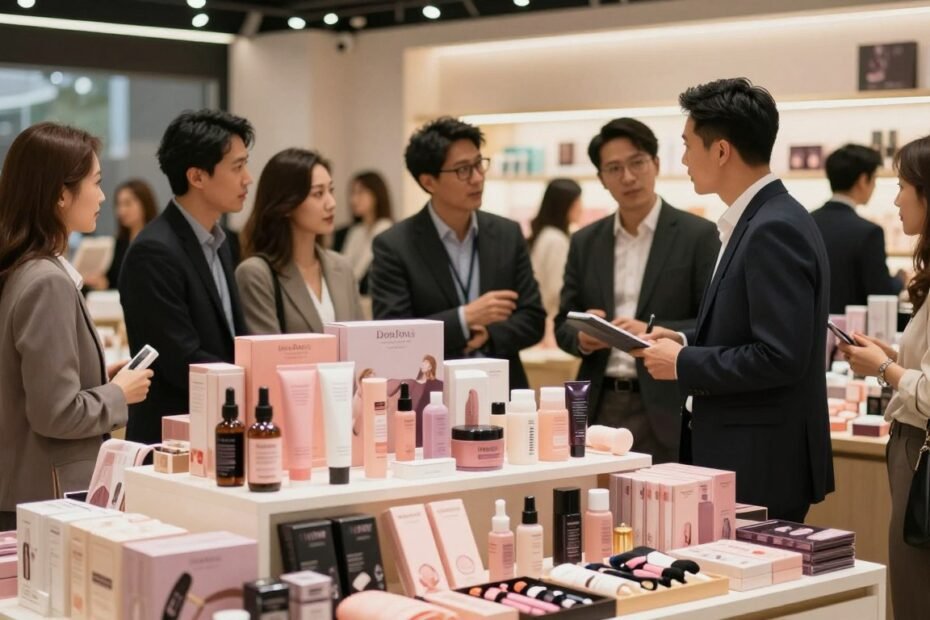 A vibrant and detailed market scene showcasing the evolution of the adult product industry in Hong Kong. In the foreground, a stylish, well-organized display of various adult items, such as intimate wellness products and accessories, arranged aesthetically. The middle ground features a diverse group of professional individuals in business attire, discussing and interacting in a warm, inviting atmosphere. The background portrays a modern retail space with soft, warm lighting, creating a cozy and intimate vibe. The composition reflects a blend of professionalism and innovation, emphasizing market trends. The scene is shot in a cinematic style with a 4:3 aspect ratio, capturing the essence of a thriving and evolving industry while remaining safe for work.