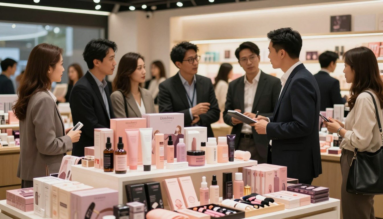 A vibrant and detailed market scene showcasing the evolution of the adult product industry in Hong Kong. In the foreground, a stylish, well-organized display of various adult items, such as intimate wellness products and accessories, arranged aesthetically. The middle ground features a diverse group of professional individuals in business attire, discussing and interacting in a warm, inviting atmosphere. The background portrays a modern retail space with soft, warm lighting, creating a cozy and intimate vibe. The composition reflects a blend of professionalism and innovation, emphasizing market trends. The scene is shot in a cinematic style with a 4:3 aspect ratio, capturing the essence of a thriving and evolving industry while remaining safe for work.
