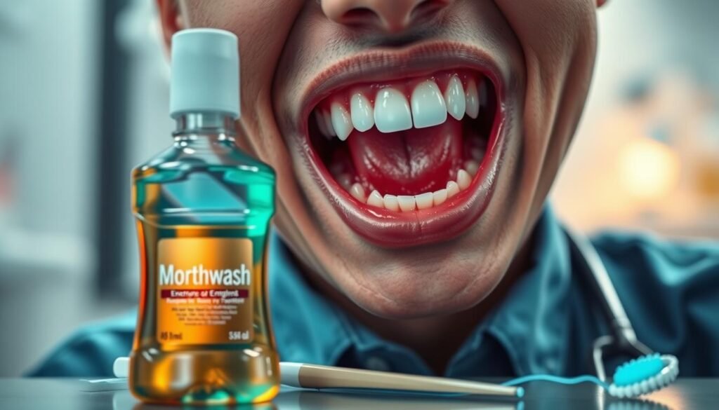 A close-up of a person's mouth in professional attire, partially open to reveal emerging wisdom teeth surrounded by inflamed gums, conveying discomfort. In the foreground, a vibrant bottle of mouthwash with a sleek design sits prominently, shimmering under soft, ambient lighting. The middle ground features subtle dental tools like a toothbrush and floss, hinting at oral hygiene practices. The background is softly blurred, showcasing a dental clinic environment with calming colors, such as pale blues and whites, suggesting a clean and professional atmosphere. The overall mood is informative and slightly concerned, highlighting the connection between wisdom tooth emergence and oral freshening methods.