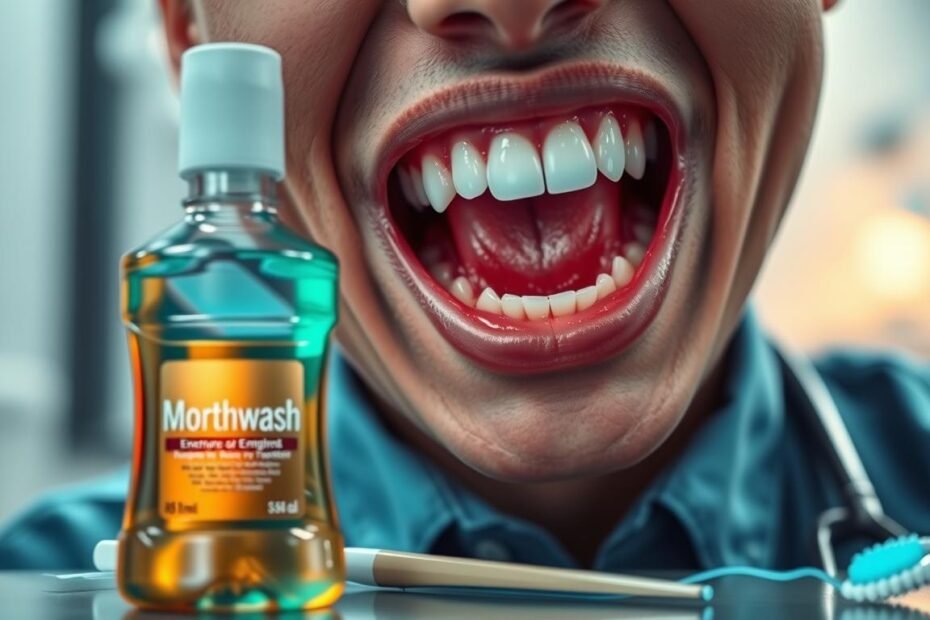 A close-up of a person's mouth in professional attire, partially open to reveal emerging wisdom teeth surrounded by inflamed gums, conveying discomfort. In the foreground, a vibrant bottle of mouthwash with a sleek design sits prominently, shimmering under soft, ambient lighting. The middle ground features subtle dental tools like a toothbrush and floss, hinting at oral hygiene practices. The background is softly blurred, showcasing a dental clinic environment with calming colors, such as pale blues and whites, suggesting a clean and professional atmosphere. The overall mood is informative and slightly concerned, highlighting the connection between wisdom tooth emergence and oral freshening methods.