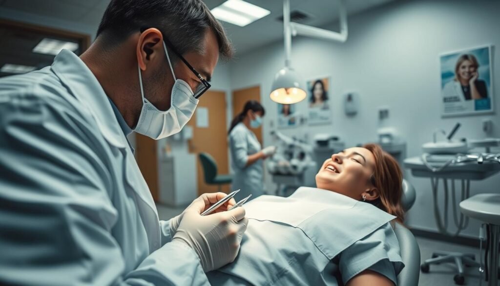 A detailed depiction of the wisdom tooth extraction process in a modern dental clinic. In the foreground, a dentist in a white coat and surgical mask is skillfully performing the extraction on a patient, who is sitting comfortably in a dental chair, dressed in a modest hospital gown. The dental instruments, such as forceps and suction devices, are clearly visible. In the middle ground, dental assistants are assisting with the procedure, maintaining a sterile environment. The background features a well-lit, clinically clean treatment room with medical posters and equipment. Soft, cool lighting enhances a calm atmosphere, while the angle captures an intimate view of the surgery, focusing on the action without being graphic.