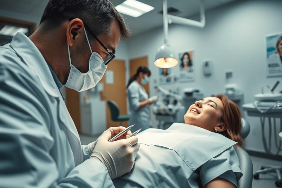 A detailed depiction of the wisdom tooth extraction process in a modern dental clinic. In the foreground, a dentist in a white coat and surgical mask is skillfully performing the extraction on a patient, who is sitting comfortably in a dental chair, dressed in a modest hospital gown. The dental instruments, such as forceps and suction devices, are clearly visible. In the middle ground, dental assistants are assisting with the procedure, maintaining a sterile environment. The background features a well-lit, clinically clean treatment room with medical posters and equipment. Soft, cool lighting enhances a calm atmosphere, while the angle captures an intimate view of the surgery, focusing on the action without being graphic.