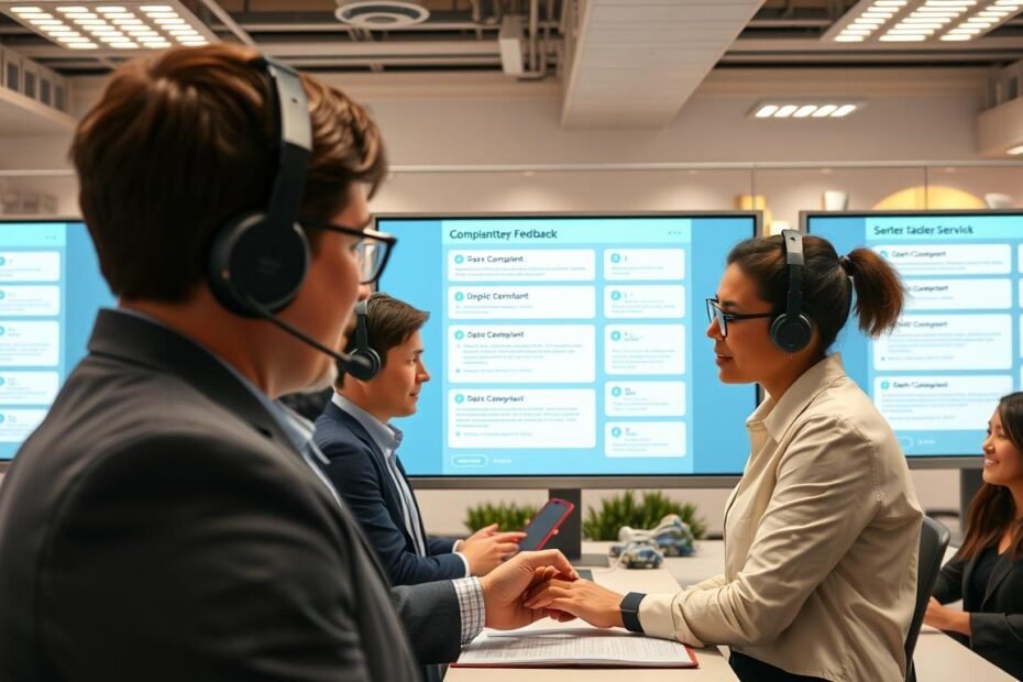 A sleek, modern customer service system interface for the brand "3A", prominently featuring an organized layout with bright, inviting colors. In the foreground, showcase a professional consultant assisting a diverse group of players, all in business casual attire, actively engaging and providing feedback. The middle ground should display digital screens with user-friendly complaint and feedback forms, illustrating communication channels visually. In the background, a bright, well-lit office environment symbolizes trust and professionalism, with soft ambient lighting enhancing the mood of collaboration and support. Use a wide-angle lens to capture the entire scene, creating a sense of openness and engagement in this dynamic customer support setting.