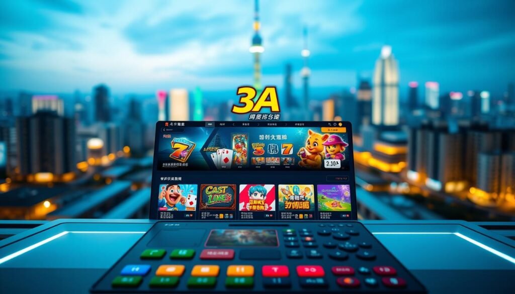 A vibrant and modern digital interface showcasing the "3A" entertainment platform, prominently displaying various games and features that cater to Taiwanese players. In the foreground, a sleek user interface with colorful buttons and icons, featuring popular game thumbnails such as slot games and card games, designed to attract users. The middle ground features a stylized showcase of various gaming options, with an appealing layout and dynamic elements that suggest interactivity. The background is a blurred cityscape of Taipei at night, illuminated with neon lights, adding a lively atmosphere. Soft futuristic lighting enhances the visual appeal, creating an exciting and engaging ambiance. The image conveys a sense of innovation and user-friendliness, showcasing why "3A" is popular among Taiwanese gamers, all while remaining strictly professional and appropriate.