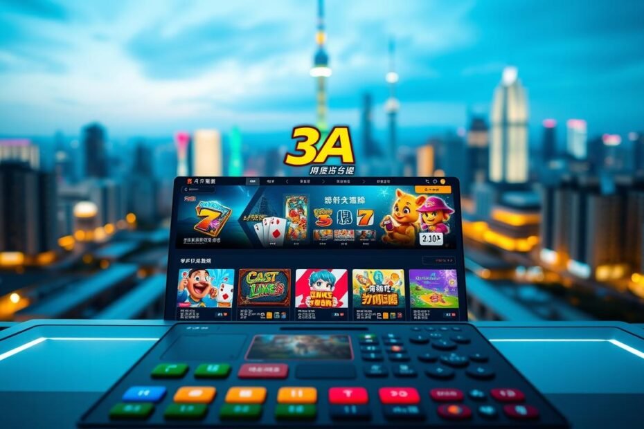 A vibrant and modern digital interface showcasing the "3A" entertainment platform, prominently displaying various games and features that cater to Taiwanese players. In the foreground, a sleek user interface with colorful buttons and icons, featuring popular game thumbnails such as slot games and card games, designed to attract users. The middle ground features a stylized showcase of various gaming options, with an appealing layout and dynamic elements that suggest interactivity. The background is a blurred cityscape of Taipei at night, illuminated with neon lights, adding a lively atmosphere. Soft futuristic lighting enhances the visual appeal, creating an exciting and engaging ambiance. The image conveys a sense of innovation and user-friendliness, showcasing why "3A" is popular among Taiwanese gamers, all while remaining strictly professional and appropriate.