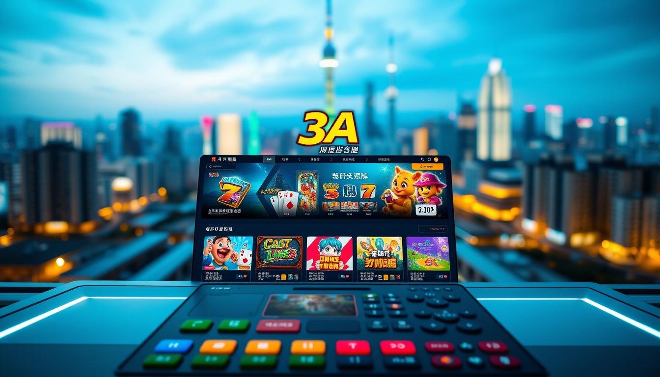 A vibrant and modern digital interface showcasing the "3A" entertainment platform, prominently displaying various games and features that cater to Taiwanese players. In the foreground, a sleek user interface with colorful buttons and icons, featuring popular game thumbnails such as slot games and card games, designed to attract users. The middle ground features a stylized showcase of various gaming options, with an appealing layout and dynamic elements that suggest interactivity. The background is a blurred cityscape of Taipei at night, illuminated with neon lights, adding a lively atmosphere. Soft futuristic lighting enhances the visual appeal, creating an exciting and engaging ambiance. The image conveys a sense of innovation and user-friendliness, showcasing why "3A" is popular among Taiwanese gamers, all while remaining strictly professional and appropriate.