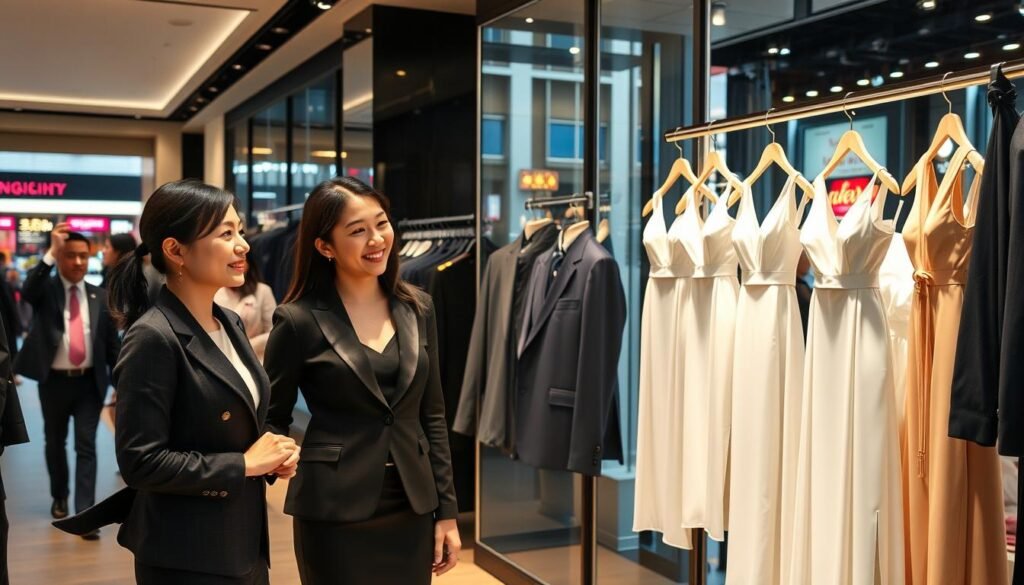A bustling Taipei formalwear store interior, showcasing elegant dresses and suits in a modern, stylish setting. In the foreground, a well-dressed female salesperson engages with a client, both smiling and exchanging ideas about the latest fashion trends. The middle ground features a display of exquisitely designed garments hanging on sleek racks, with soft lighting highlighting their textures and colors. In the background, a stylish storefront window displays the vibrant Taipei street scene, with pedestrians admiring the glamorous attire. The atmosphere is sophisticated yet welcoming, infused with a sense of urgency and adaptability amid changing market dynamics. The lighting is warm and inviting, emphasizing the luxurious fabrics and details of the clothing. The composition should evoke a feeling of professionalism and trendiness.