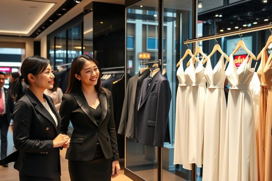 A bustling Taipei formalwear store interior, showcasing elegant dresses and suits in a modern, stylish setting. In the foreground, a well-dressed female salesperson engages with a client, both smiling and exchanging ideas about the latest fashion trends. The middle ground features a display of exquisitely designed garments hanging on sleek racks, with soft lighting highlighting their textures and colors. In the background, a stylish storefront window displays the vibrant Taipei street scene, with pedestrians admiring the glamorous attire. The atmosphere is sophisticated yet welcoming, infused with a sense of urgency and adaptability amid changing market dynamics. The lighting is warm and inviting, emphasizing the luxurious fabrics and details of the clothing. The composition should evoke a feeling of professionalism and trendiness.