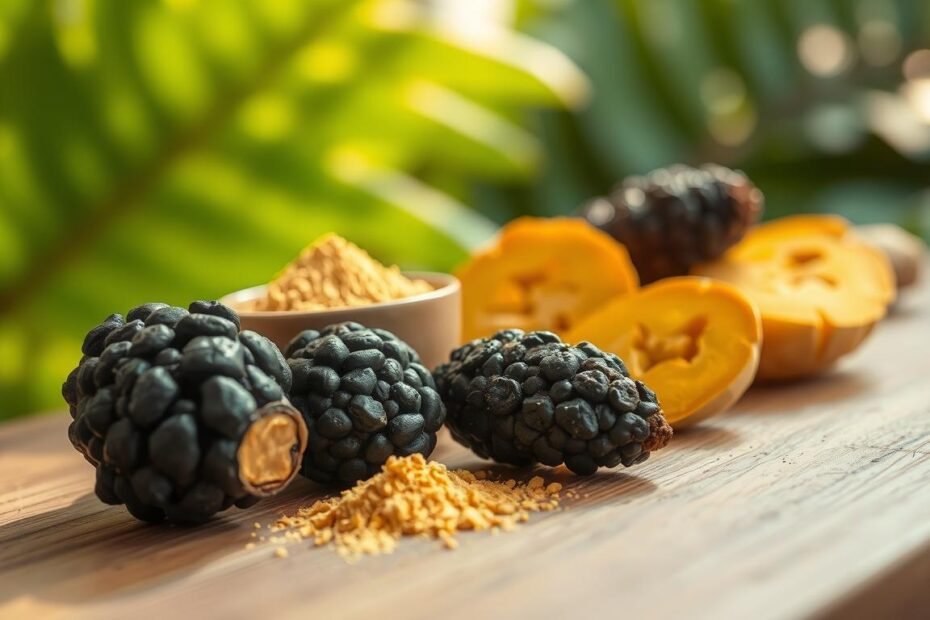 A close-up view of black and yellow maca root, artfully arranged on a wooden surface, showcasing their unique shapes and textures. The foreground focuses on the distinct colors and features of the maca roots, with light glistening off their surfaces, highlighting their natural luster. In the middle ground, a subtle bowl of powdered maca sits beside the roots, with a sprinkle of powder casually dusted around, suggesting the concept of health benefits. The background features a softly blurred green leafy setting, evoking a sense of nature and vitality. The lighting is warm and inviting, casting gentle shadows to create depth and dimension. The overall mood is energetic yet calming, reflecting the health-boosting properties associated with maca.