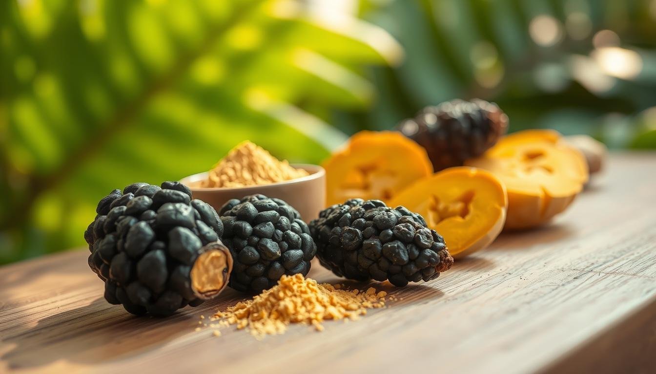 A close-up view of black and yellow maca root, artfully arranged on a wooden surface, showcasing their unique shapes and textures. The foreground focuses on the distinct colors and features of the maca roots, with light glistening off their surfaces, highlighting their natural luster. In the middle ground, a subtle bowl of powdered maca sits beside the roots, with a sprinkle of powder casually dusted around, suggesting the concept of health benefits. The background features a softly blurred green leafy setting, evoking a sense of nature and vitality. The lighting is warm and inviting, casting gentle shadows to create depth and dimension. The overall mood is energetic yet calming, reflecting the health-boosting properties associated with maca.