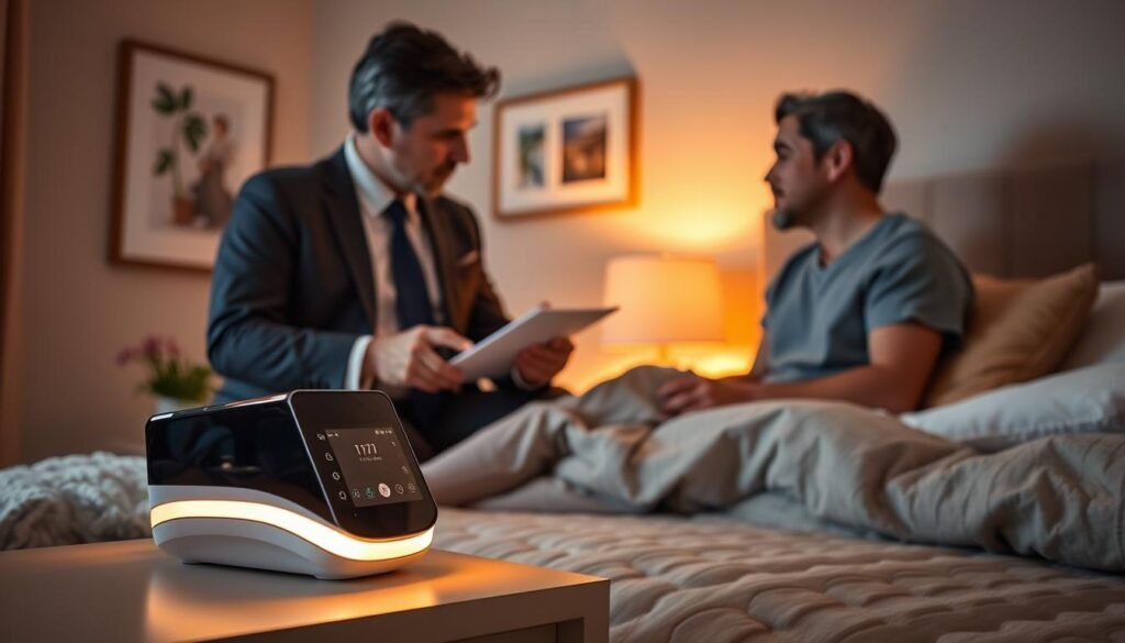 A detailed and informative composition illustrating factors to consider when choosing a sleep apnea machine. In the foreground, a sleek, modern sleep apnea device is prominently displayed on a bedside table, illuminated by warm, soft lighting. In the middle ground, a knowledgeable healthcare professional, dressed in professional business attire, is engaged in explaining the features and benefits of the device to an attentive patient, who is wearing modest casual clothing. The background showcases a cozy bedroom ambiance with calming colors, featuring framed artwork and soft textile elements to enhance relaxation. The overall atmosphere portrays a supportive and informative interaction, emphasizing the importance of making an informed choice about sleep apnea devices.