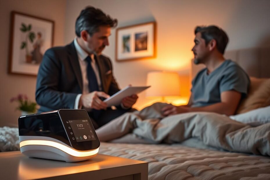 A detailed and informative composition illustrating factors to consider when choosing a sleep apnea machine. In the foreground, a sleek, modern sleep apnea device is prominently displayed on a bedside table, illuminated by warm, soft lighting. In the middle ground, a knowledgeable healthcare professional, dressed in professional business attire, is engaged in explaining the features and benefits of the device to an attentive patient, who is wearing modest casual clothing. The background showcases a cozy bedroom ambiance with calming colors, featuring framed artwork and soft textile elements to enhance relaxation. The overall atmosphere portrays a supportive and informative interaction, emphasizing the importance of making an informed choice about sleep apnea devices.