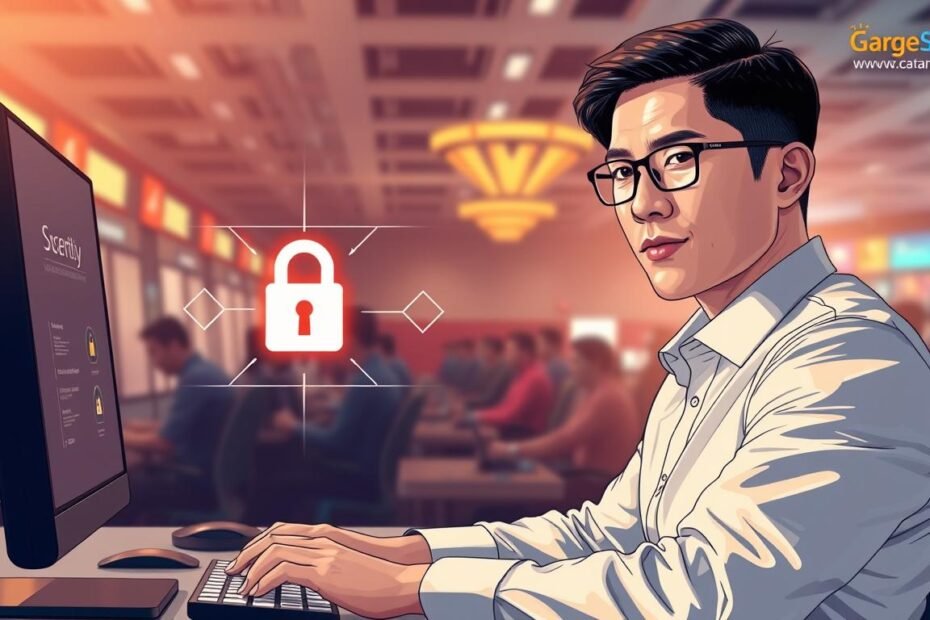 A detailed illustration of online gaming safety and security, specifically highlighting the importance of the official authorized URL for UG Entertainment City. In the foreground, depict a confident, professional-looking person in business attire interacting with a computer. The middle section should feature visual elements like a secure lock icon and digital security symbols, emphasizing the concept of cybersecurity. In the background, subtly illustrate a thriving gaming environment, with shadows of players enjoying their experience safely. The lighting should be bright but warm, creating a welcoming yet secure atmosphere. Use a slight depth of field to focus on the individual while maintaining the importance of the surrounding elements. The overall mood should convey trust, professionalism, and safety in the online gaming landscape.