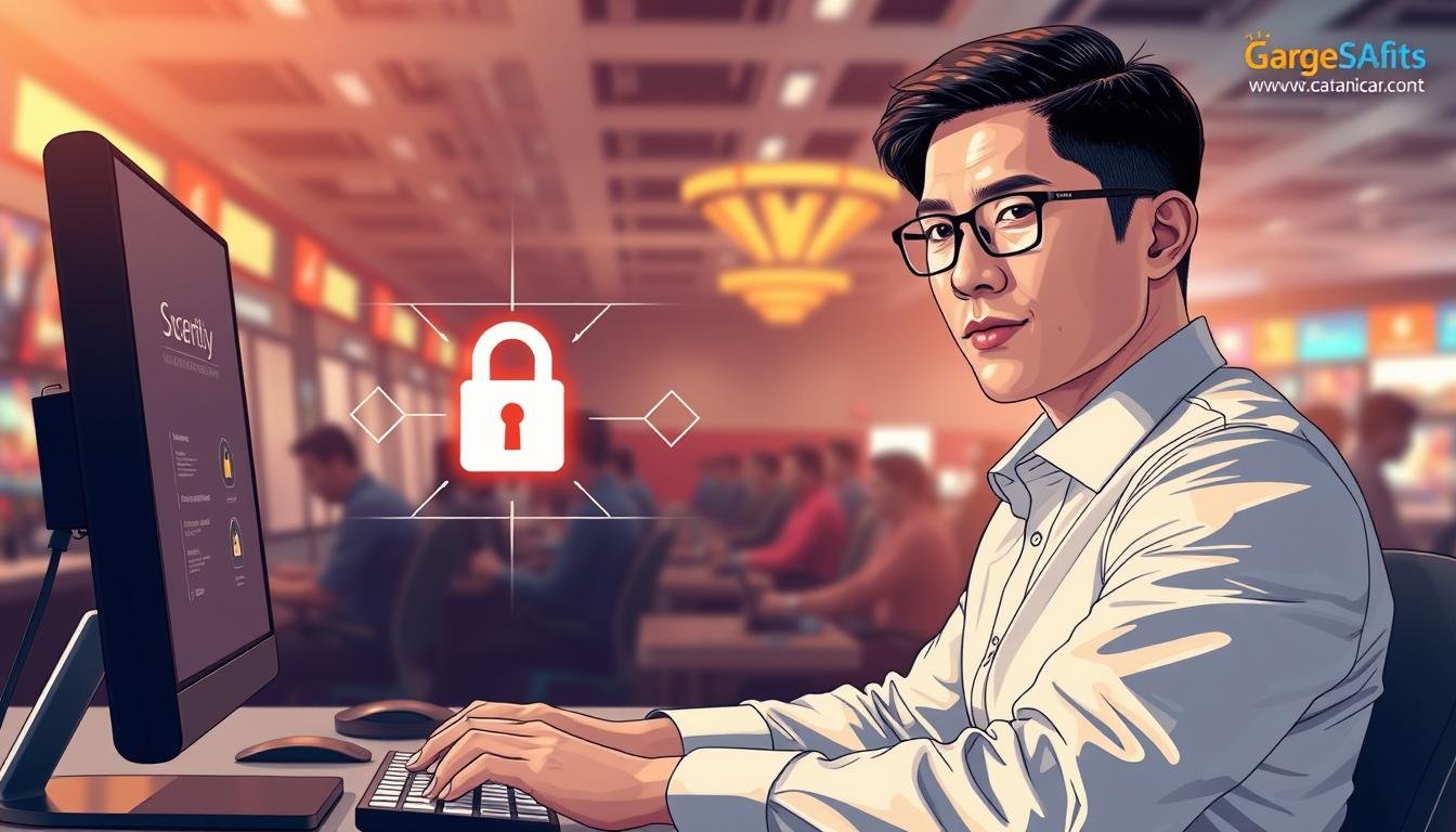 A detailed illustration of online gaming safety and security, specifically highlighting the importance of the official authorized URL for UG Entertainment City. In the foreground, depict a confident, professional-looking person in business attire interacting with a computer. The middle section should feature visual elements like a secure lock icon and digital security symbols, emphasizing the concept of cybersecurity. In the background, subtly illustrate a thriving gaming environment, with shadows of players enjoying their experience safely. The lighting should be bright but warm, creating a welcoming yet secure atmosphere. Use a slight depth of field to focus on the individual while maintaining the importance of the surrounding elements. The overall mood should convey trust, professionalism, and safety in the online gaming landscape.