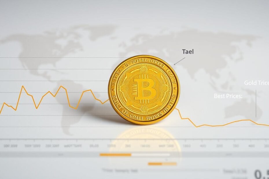 A detailed, professional infographic illustrating the latest trend in gold prices, focusing on the value of one tael. Foreground features a well-designed line graph showing recent fluctuations of gold prices, with clear markers denoting significant highs and lows. The middle ground includes a golden tael coin prominently displayed, reflecting natural lighting to emphasize its shimmer and value. In the background, a subtle world map highlights key markets influencing gold price trends, with soft gradients to keep the focus on the foreground elements. The overall mood is analytical and informative, with a professional aesthetic suitable for a financial article. Ensure the composition is clean, without any text, labels, or watermarks, using a well-balanced color palette that evokes trust and reliability.