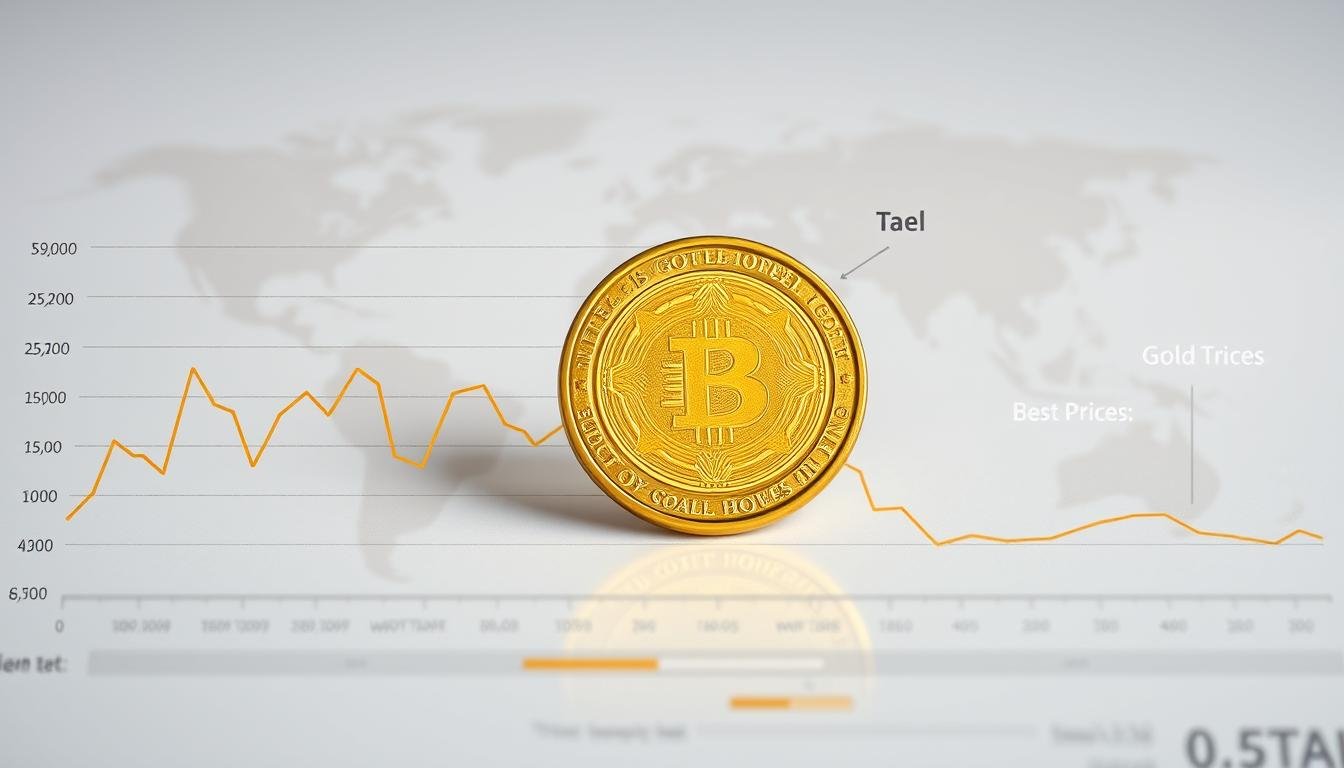 A detailed, professional infographic illustrating the latest trend in gold prices, focusing on the value of one tael. Foreground features a well-designed line graph showing recent fluctuations of gold prices, with clear markers denoting significant highs and lows. The middle ground includes a golden tael coin prominently displayed, reflecting natural lighting to emphasize its shimmer and value. In the background, a subtle world map highlights key markets influencing gold price trends, with soft gradients to keep the focus on the foreground elements. The overall mood is analytical and informative, with a professional aesthetic suitable for a financial article. Ensure the composition is clean, without any text, labels, or watermarks, using a well-balanced color palette that evokes trust and reliability.