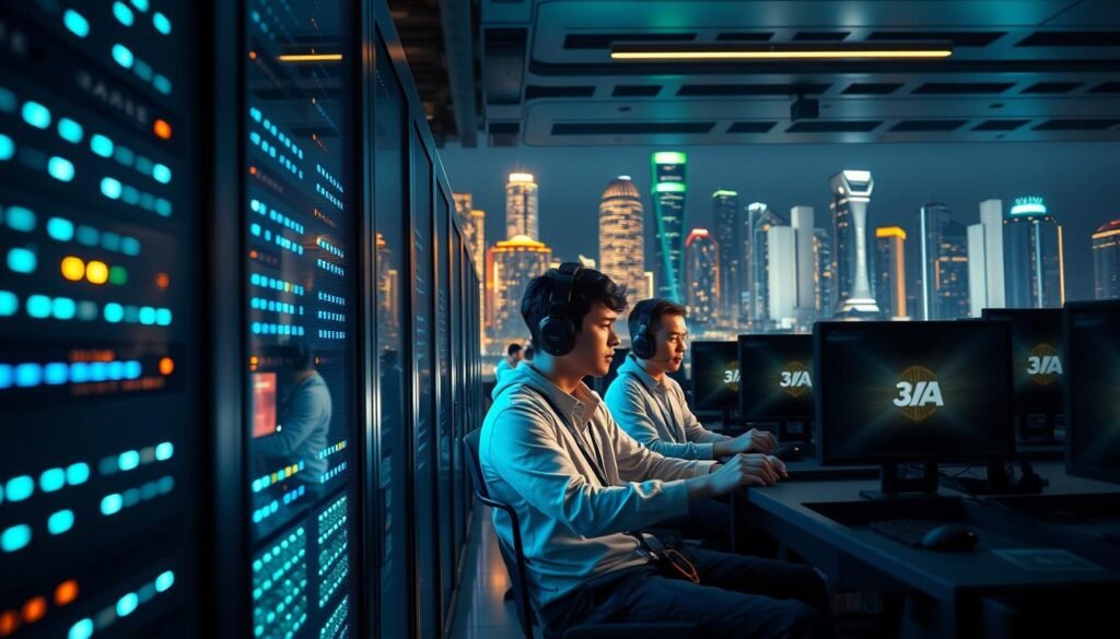 A dynamic digital art scene illustrating the stability of a high-performance gaming server for 3A entertainment, set in a sleek, modern data center. In the foreground, a close-up of glowing server racks with flashing lights, symbolizing the intense data processing capabilities. The middle ground features a group of focused esports players, dressed in professional attire, competing in an online fishing competition with intense concentration on their gaming screens. The background showcases a futuristic city skyline illuminated at night, suggesting the vibrant gaming community. Soft blue and green ambient lighting reflects a technical atmosphere, emphasizing efficiency and stability. The angle is slightly tilted, adding a sense of movement, while keeping the focus sharp on the servers and players. The overall mood is intense yet energized, showcasing commitment to excellence in gaming technology.
