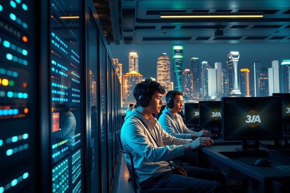 A dynamic digital art scene illustrating the stability of a high-performance gaming server for 3A entertainment, set in a sleek, modern data center. In the foreground, a close-up of glowing server racks with flashing lights, symbolizing the intense data processing capabilities. The middle ground features a group of focused esports players, dressed in professional attire, competing in an online fishing competition with intense concentration on their gaming screens. The background showcases a futuristic city skyline illuminated at night, suggesting the vibrant gaming community. Soft blue and green ambient lighting reflects a technical atmosphere, emphasizing efficiency and stability. The angle is slightly tilted, adding a sense of movement, while keeping the focus sharp on the servers and players. The overall mood is intense yet energized, showcasing commitment to excellence in gaming technology.