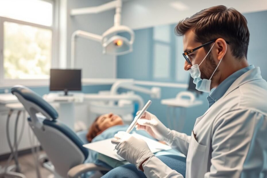 A modern dental clinic interior showcasing a dentist performing a periodontal and root canal treatment on a patient. In the foreground, a dentist in professional attire, focused and attentive, is using advanced dental tools. The middle ground features a well-equipped dental chair with a patient comfortably reclining, highlighted by soft, warm lighting. The background displays sleek dental equipment and calming blue and white decor, creating an atmosphere of professionalism and care. Natural light filters in through a window, enhancing the welcoming environment. This scene captures the essence of dental treatment, emphasizing the important role of the dentist in oral rehabilitation.
