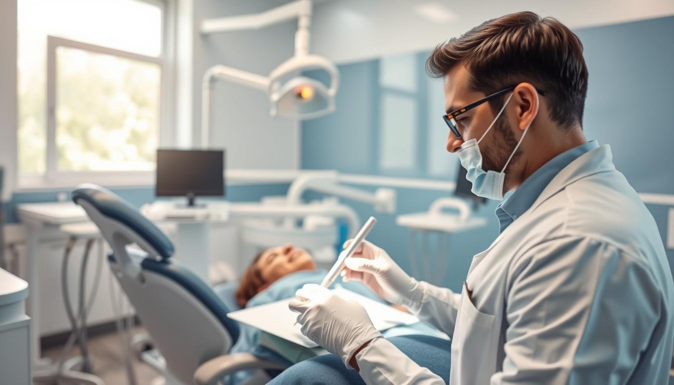 A modern dental clinic interior showcasing a dentist performing a periodontal and root canal treatment on a patient. In the foreground, a dentist in professional attire, focused and attentive, is using advanced dental tools. The middle ground features a well-equipped dental chair with a patient comfortably reclining, highlighted by soft, warm lighting. The background displays sleek dental equipment and calming blue and white decor, creating an atmosphere of professionalism and care. Natural light filters in through a window, enhancing the welcoming environment. This scene captures the essence of dental treatment, emphasizing the important role of the dentist in oral rehabilitation.