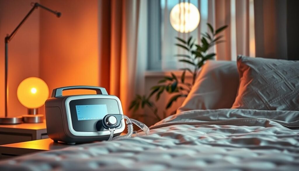 A peaceful bedroom scene showcasing a sleep apnea machine on a bedside table, softly illuminated by warm bedside lamp light. The machine features a sleek, modern design with a clear display, connected to a mask that rests beside it. In the foreground, a cozy bed with neatly arranged pillows and a light, soft blanket enhances the comforting atmosphere. In the middle ground, a window shows a hint of moonlight filtering through sheer curtains, creating a tranquil ambiance. Subtle shadows cast across the room add depth, while a plant in the background suggests a harmonious, restful environment. The overall mood is serene and hopeful, illustrating the positive effects of sleep therapy devices on restful sleep and well-being.