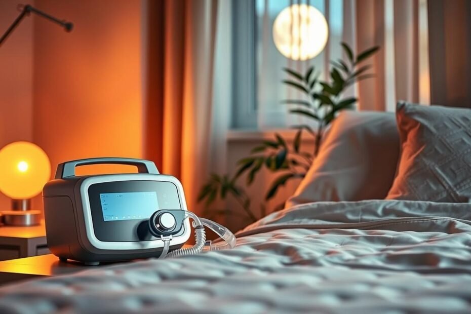 A peaceful bedroom scene showcasing a sleep apnea machine on a bedside table, softly illuminated by warm bedside lamp light. The machine features a sleek, modern design with a clear display, connected to a mask that rests beside it. In the foreground, a cozy bed with neatly arranged pillows and a light, soft blanket enhances the comforting atmosphere. In the middle ground, a window shows a hint of moonlight filtering through sheer curtains, creating a tranquil ambiance. Subtle shadows cast across the room add depth, while a plant in the background suggests a harmonious, restful environment. The overall mood is serene and hopeful, illustrating the positive effects of sleep therapy devices on restful sleep and well-being.