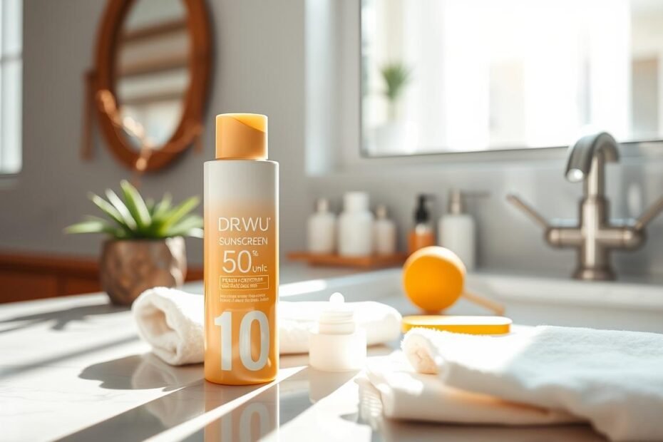 A close-up image of a sleek, modern bottle of DR.WU sunscreen prominently displayed in a bright, airy bathroom setting. The bottle features a minimalist design with vibrant colors that evoke a sense of freshness and protection. In the foreground, soft natural light filters through a window, casting gentle shadows on a marble countertop. Surrounding the sunscreen are elements like a decorative plant, a towel, and sun protection application tools. The background features a softly blurred mirror reflecting hints of sunlight, creating a warm and inviting atmosphere. The overall mood is one of careful consideration and indulgence in self-care, embodying the importance of choosing the right sunscreen. The image is crisp, well-lit, and showcases the product as the focal point without any distractions or text.