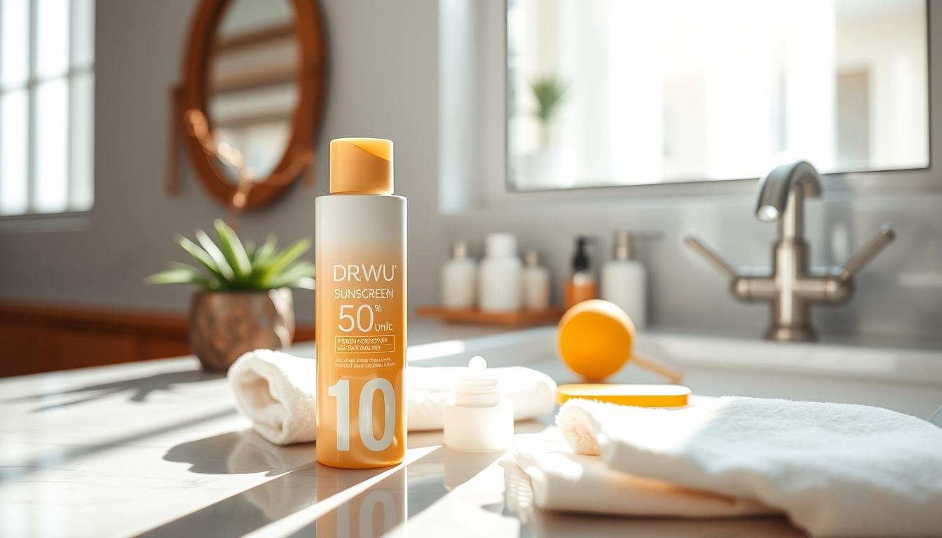 A close-up image of a sleek, modern bottle of DR.WU sunscreen prominently displayed in a bright, airy bathroom setting. The bottle features a minimalist design with vibrant colors that evoke a sense of freshness and protection. In the foreground, soft natural light filters through a window, casting gentle shadows on a marble countertop. Surrounding the sunscreen are elements like a decorative plant, a towel, and sun protection application tools. The background features a softly blurred mirror reflecting hints of sunlight, creating a warm and inviting atmosphere. The overall mood is one of careful consideration and indulgence in self-care, embodying the importance of choosing the right sunscreen. The image is crisp, well-lit, and showcases the product as the focal point without any distractions or text.