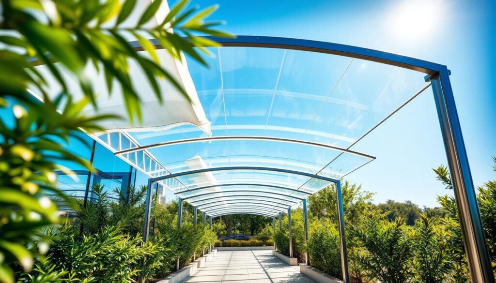 A modern outdoor space featuring UV protective polycarbonate panels in a sleek canopy design. In the foreground, focus on the elegantly curved polycarbonate sheets, showcasing their transparency and light refraction. In the middle ground, illustrate the canopy extending over a walkway, framed by polished metal supports and surrounded by vibrant green foliage. The background should depict a clear blue sky, bright sunlight filtering through the panels, creating a warm, inviting atmosphere. Use a wide-angle lens to capture the full structure and add depth to the scene. Aim for a professional, serene mood, reflecting the functional beauty of the canopy in an architectural context.