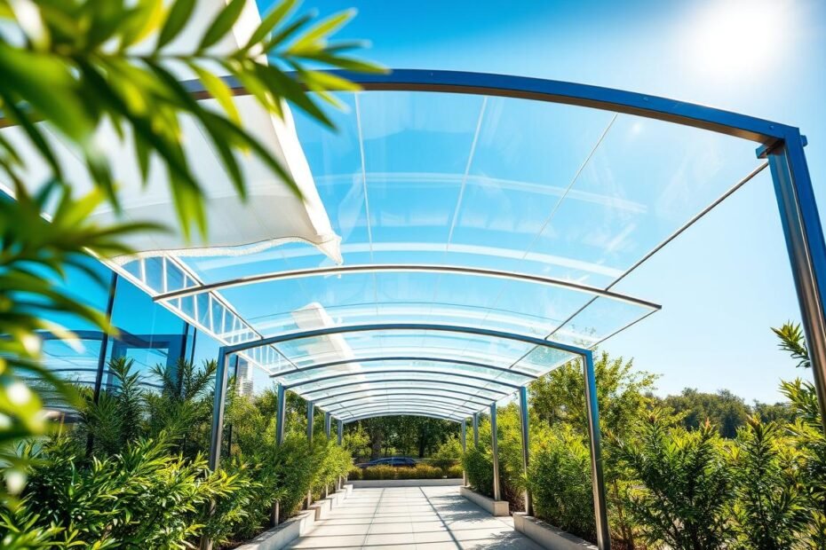 A modern outdoor space featuring UV protective polycarbonate panels in a sleek canopy design. In the foreground, focus on the elegantly curved polycarbonate sheets, showcasing their transparency and light refraction. In the middle ground, illustrate the canopy extending over a walkway, framed by polished metal supports and surrounded by vibrant green foliage. The background should depict a clear blue sky, bright sunlight filtering through the panels, creating a warm, inviting atmosphere. Use a wide-angle lens to capture the full structure and add depth to the scene. Aim for a professional, serene mood, reflecting the functional beauty of the canopy in an architectural context.